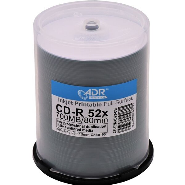 CD-Rohlinge ADR Media bedruckbar InkJet wei&szlig; 80min./700MB, 52x, vollfl&auml;chig, 100er Cakebox