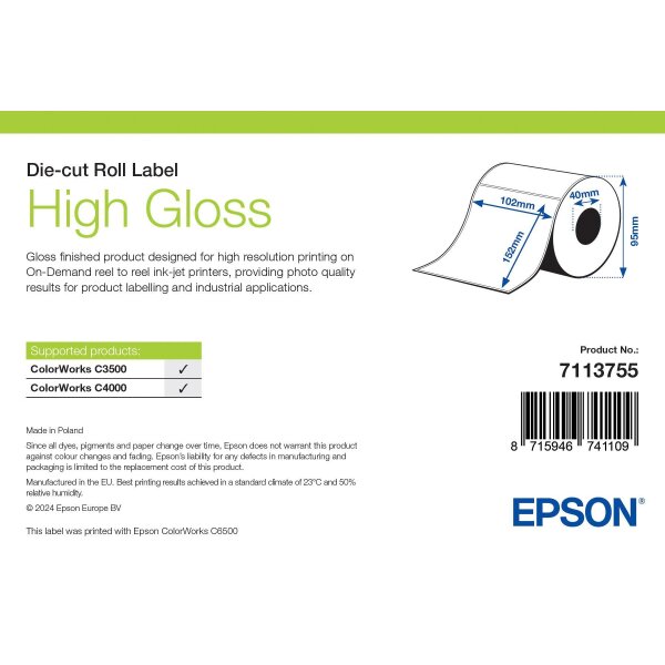 High Gloss Label - Die-cut Roll: 102mm x 152mm, 210 labels