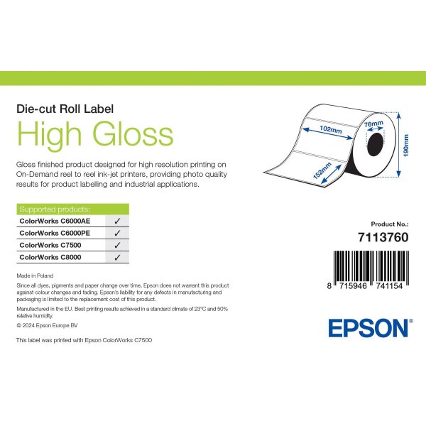 High Gloss Label - Die-cut Roll: 102mm x 152mm, 800 labels