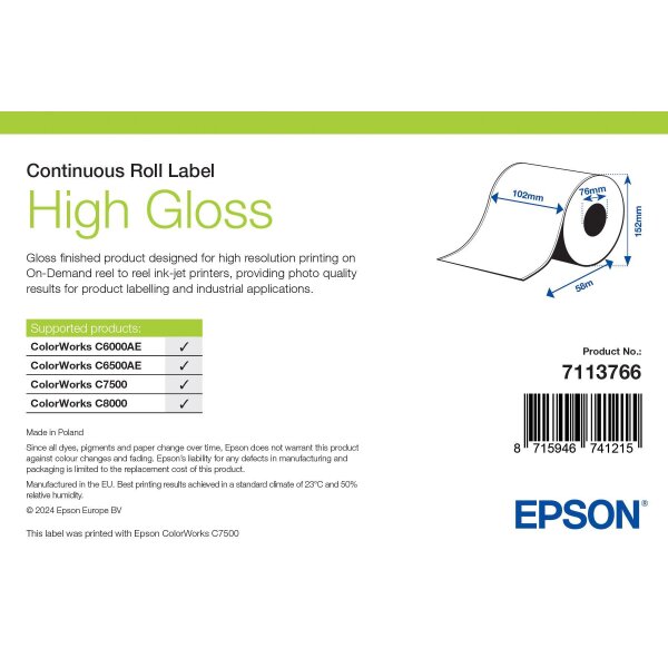 High Gloss Label - Continuous Roll: 102mm x 60m